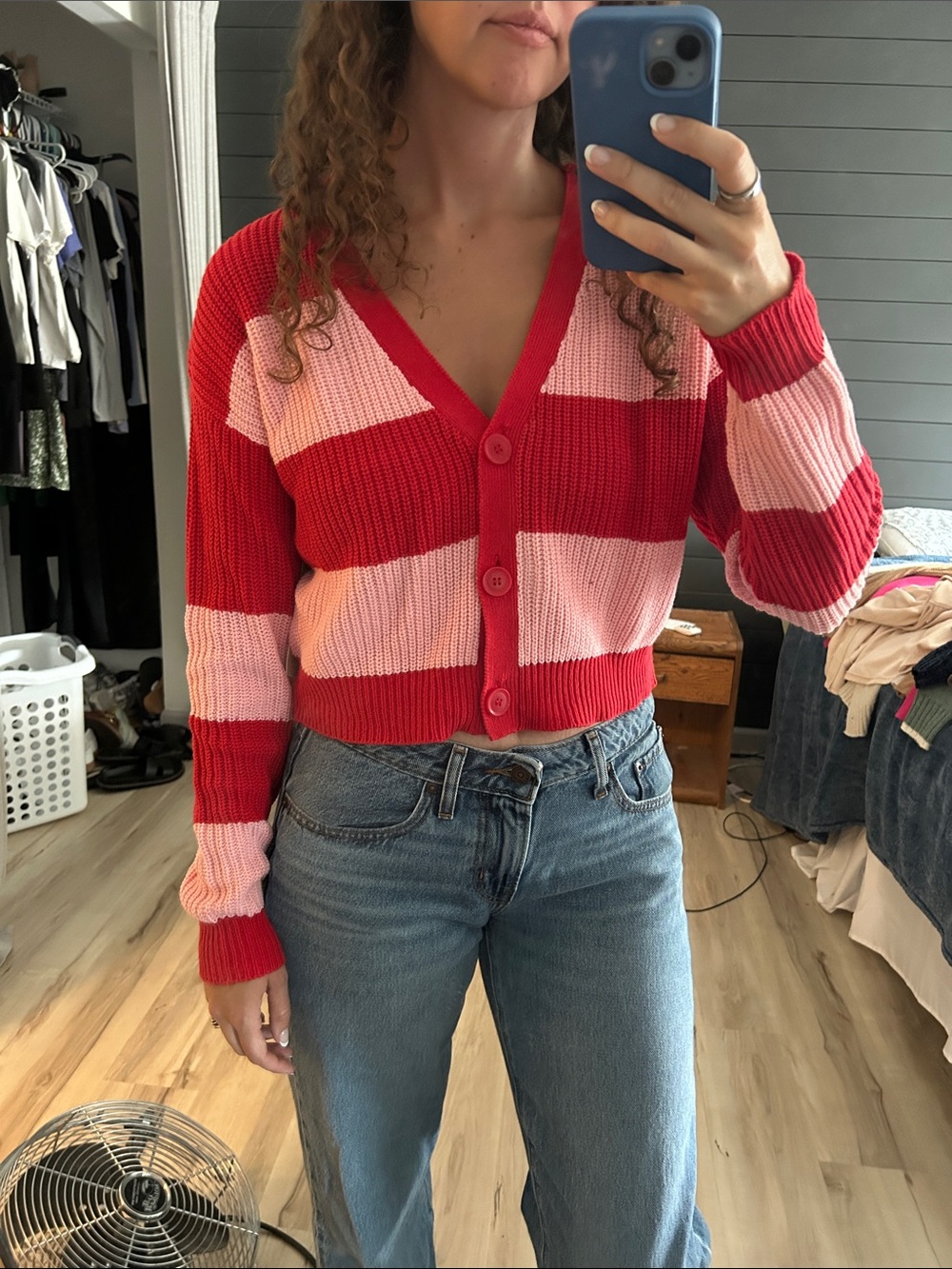 No Boundaries Red & Pink Striped V-Neck Button Cardigan